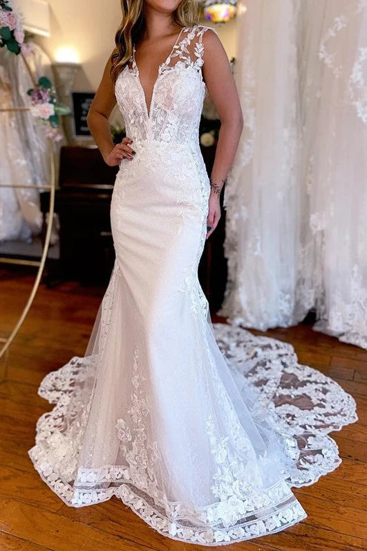 Low V-Neck Backless Lace Mermaid Wedding Dress With Train