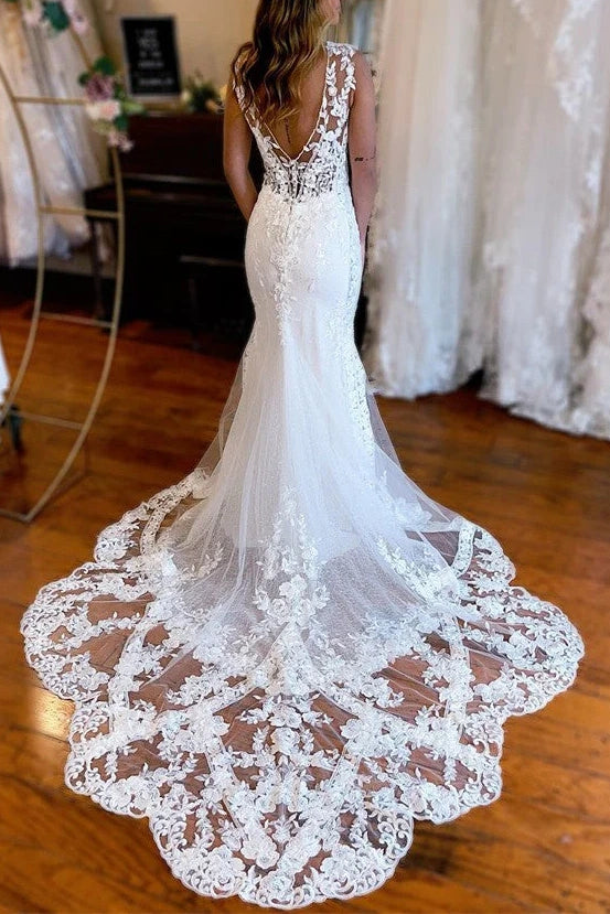 Low V-Neck Backless Lace Mermaid Wedding Dress With Train