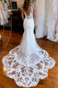 Low V-Neck Backless Lace Mermaid Wedding Dress With Train