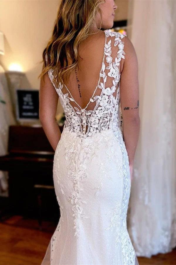 Low V-Neck Backless Lace Mermaid Wedding Dress With Train