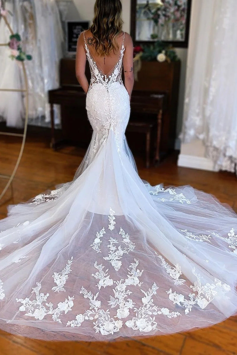 Lace V-Neck Sleeveless High Waist Mermaid Wedding Dress With Train