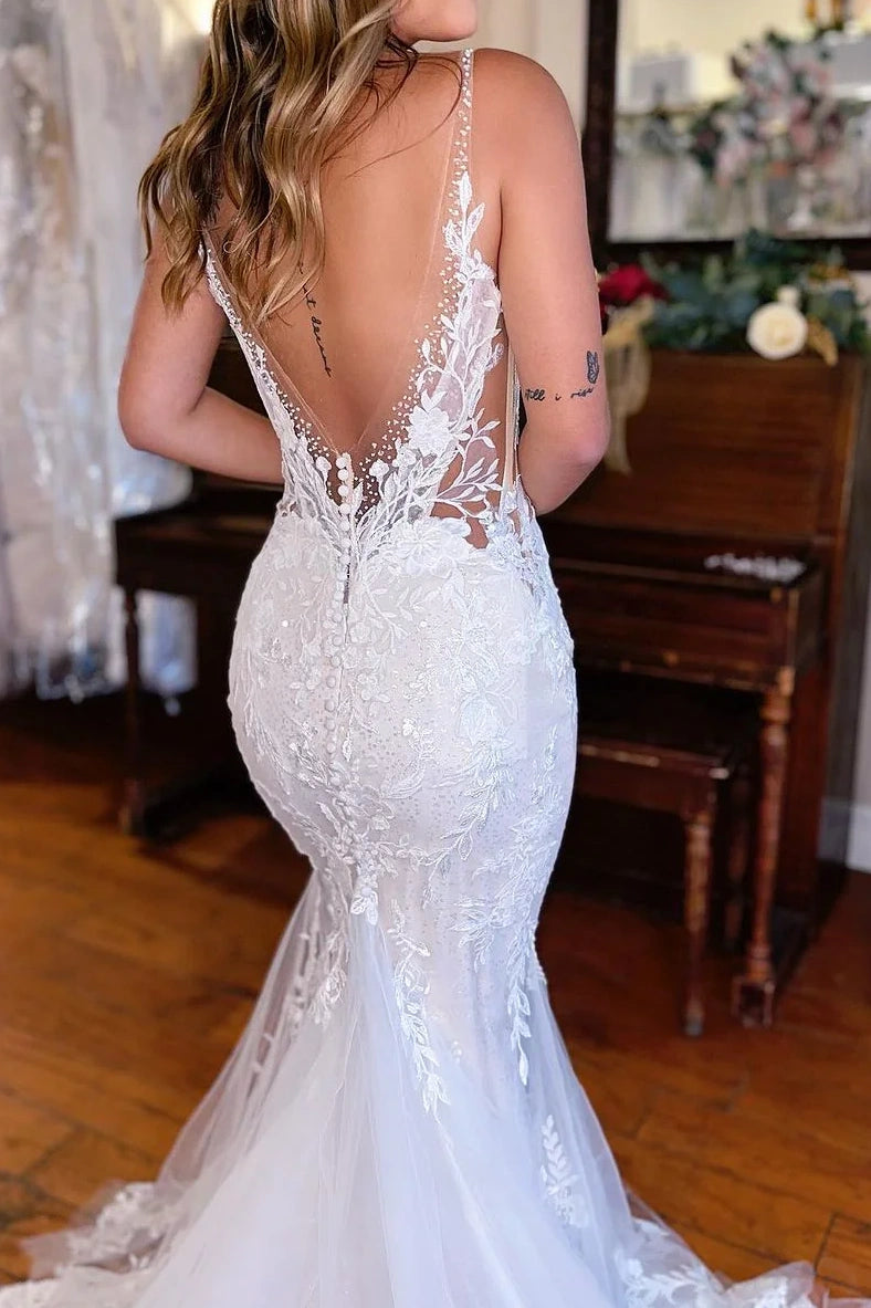 Lace V-Neck Sleeveless High Waist Mermaid Wedding Dress With Train