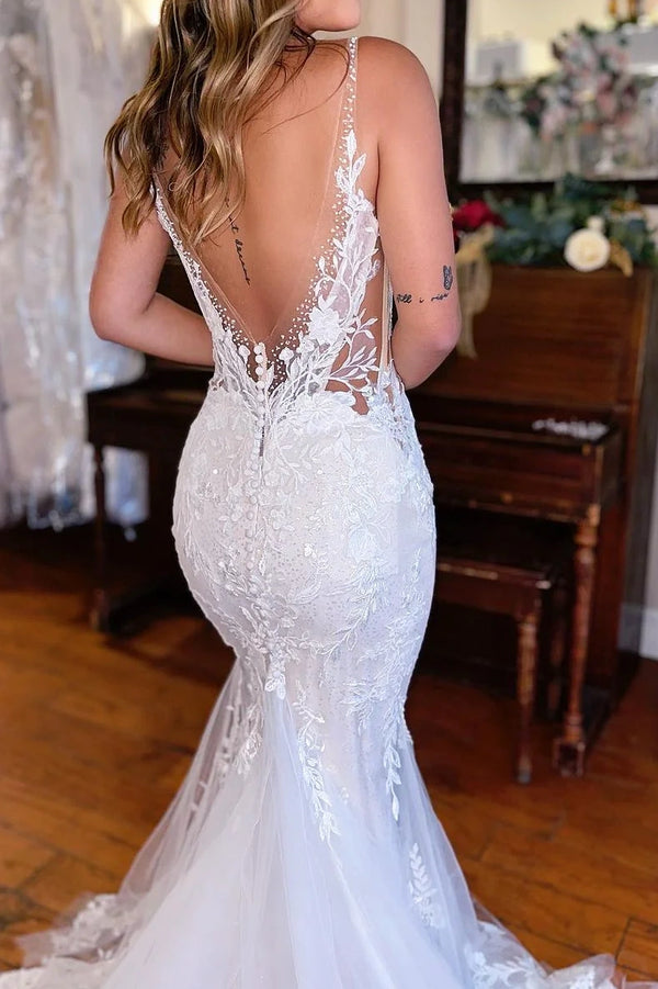 Lace V-Neck Sleeveless High Waist Mermaid Wedding Dress With Train