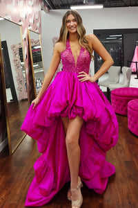 Low V-Neck Halter A-Line High-Low Party Prom Dress With Train