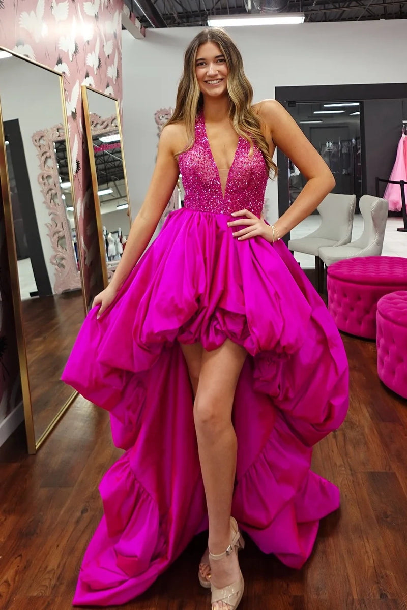 Low V-Neck Halter A-Line High-Low Party Prom Dress With Train