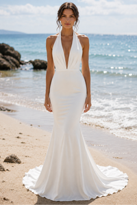 Low V-Neck Halter Mermaid Satin Casual Summer Wedding Dress