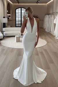 Low V-Neck Halter Mermaid Satin Casual Summer Wedding Dress