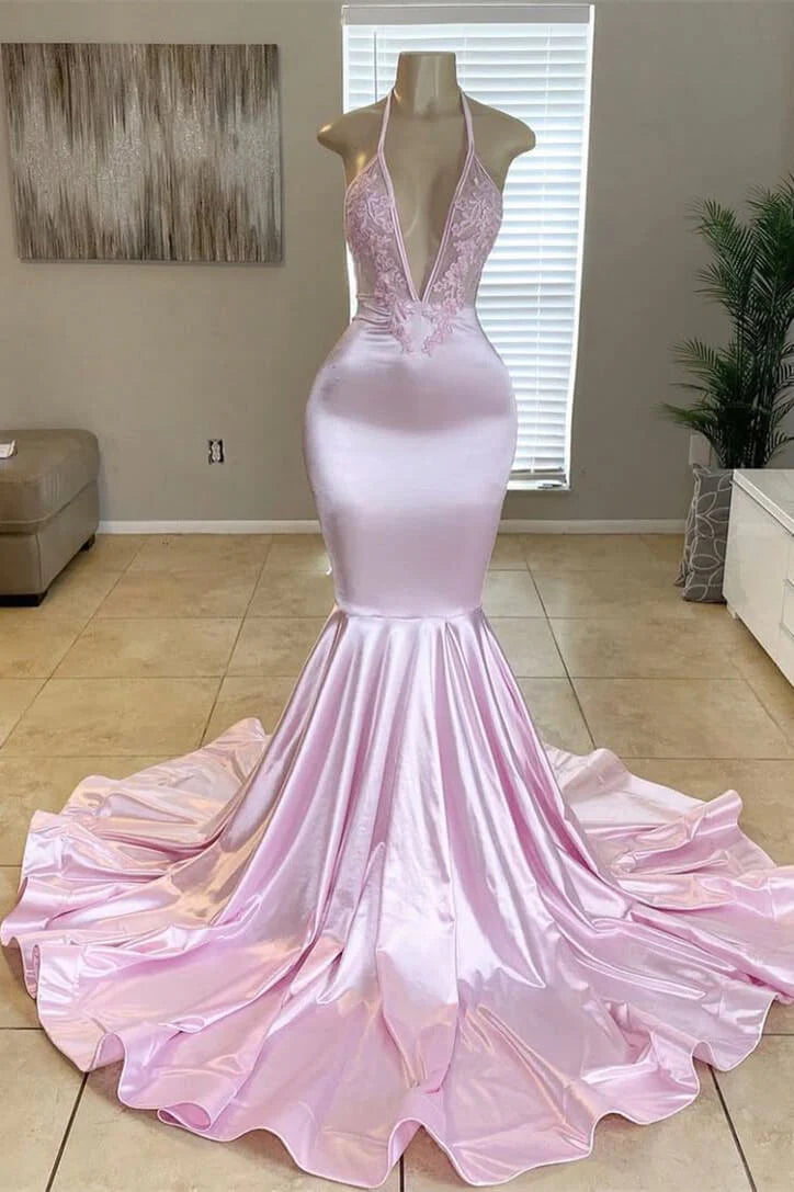 Low V-Neck Halter Satin Lace Appliques Mermaid Party Prom Dress