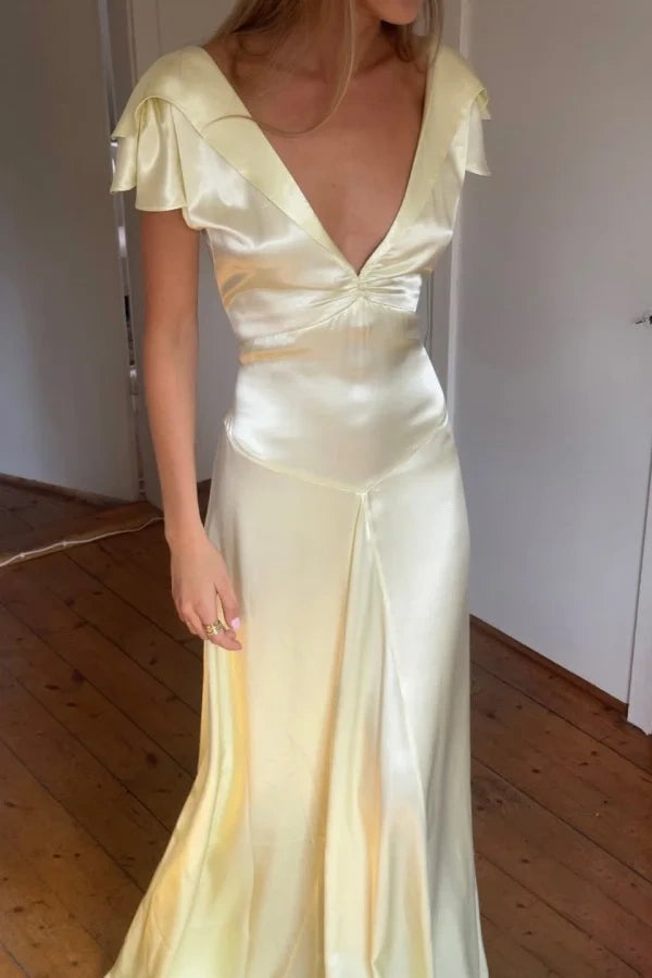 Low V-Neck Ruffle Straps Satin A-Line Backless Party Prom Dress