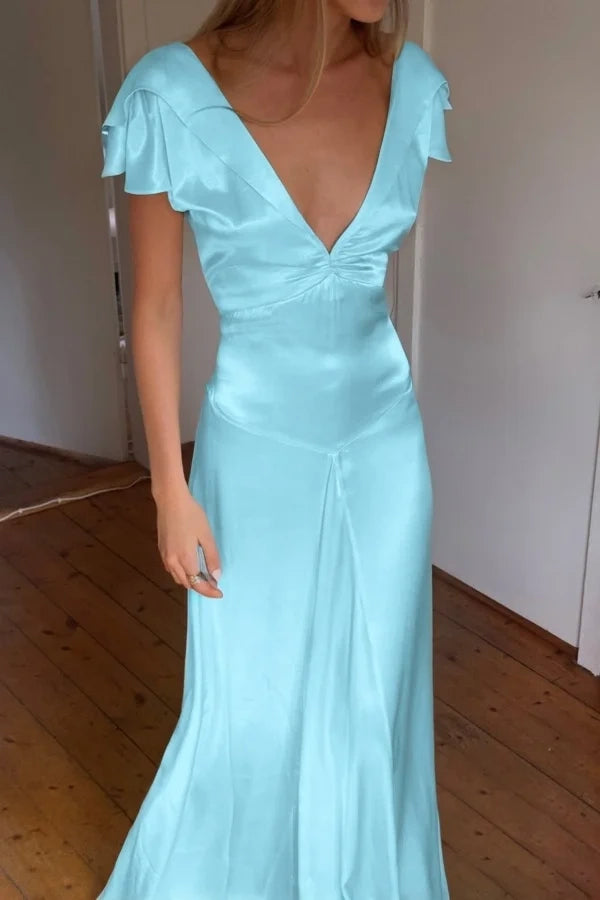 Low V-Neck Ruffle Straps Satin A-Line Backless Party Prom Dress