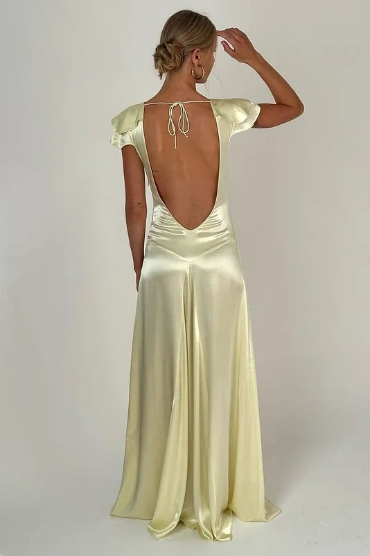 Low V-Neck Ruffle Straps Satin A-Line Backless Party Prom Dress