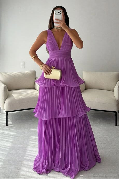 Low V-Neck Sleeveless Empire Chiffon A-Line Pleated Party Prom Dress