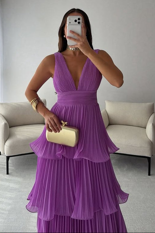 Low V-Neck Sleeveless Empire Chiffon A-Line Pleated Party Prom Dress