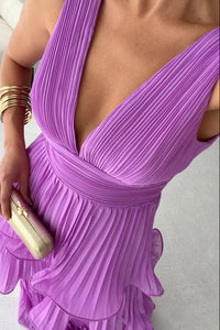 Low V-Neck Sleeveless Empire Chiffon A-Line Pleated Party Prom Dress