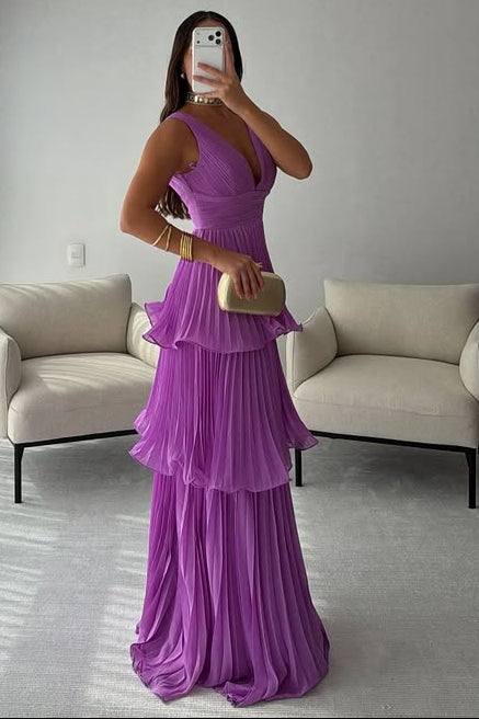 Low V-Neck Sleeveless Empire Chiffon A-Line Pleated Party Prom Dress