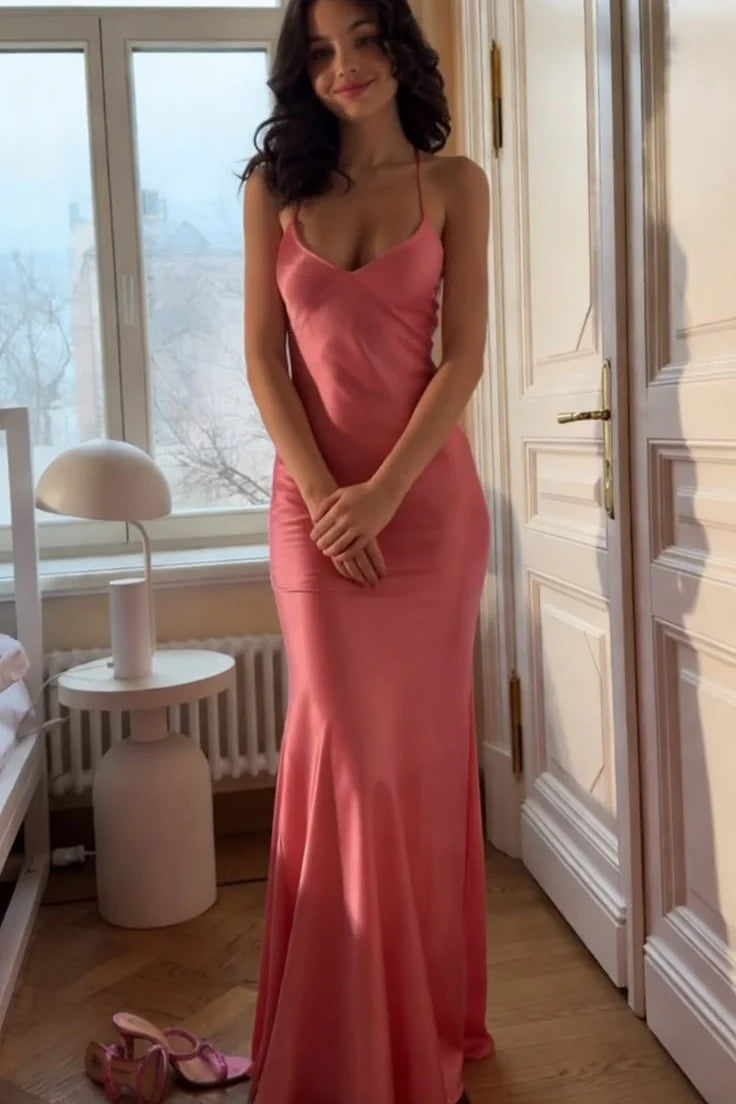 Low V-Neck Sleeveless Lace-Up Mermaid Satin Party Prom Dress