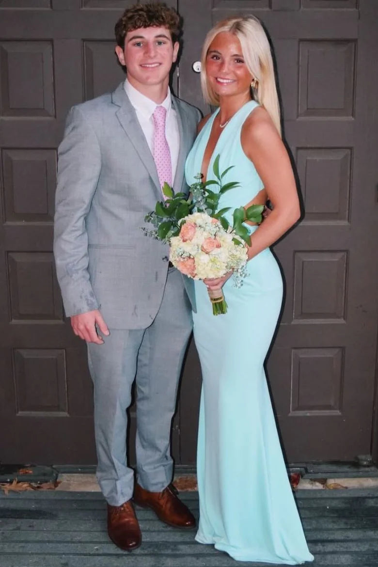 Low V-Neck Sleeveless Open Back Satin Fitted Party Prom Dress