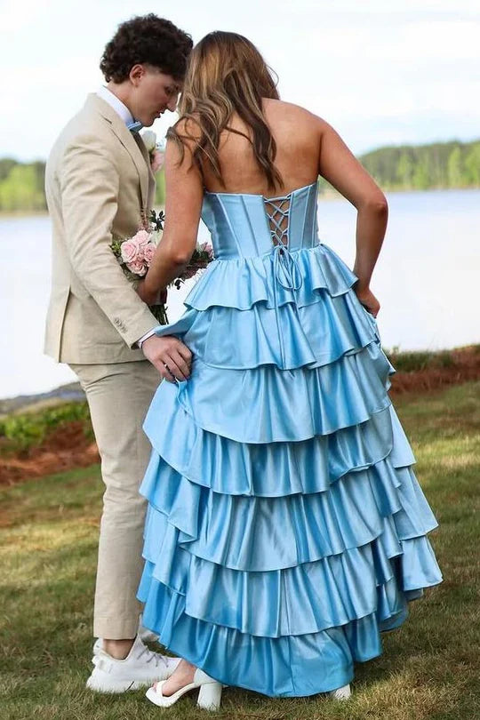 Elegant Strapless A-Line Ruffle Prom Dress with Slit