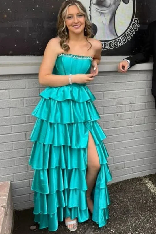 Elegant Strapless A-Line Ruffle Prom Dress with Slit