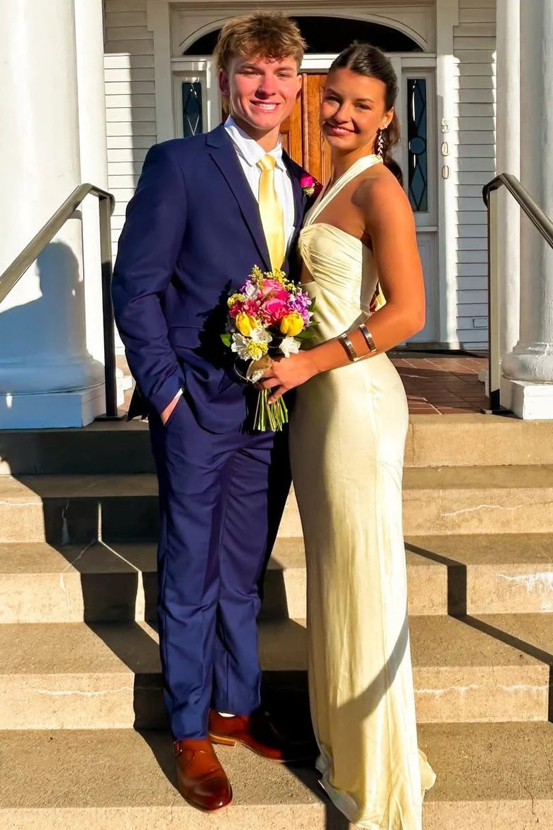 Elegant Butter Yellow Halter Neck Satin Dress With Keyhole FancyVestido Elegant Butter Yellow Halter Neck Satin Dress With Keyhole FancyVestido