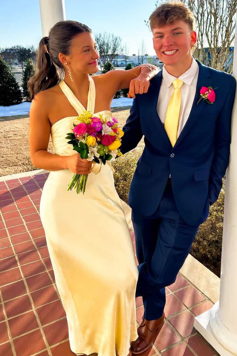 Elegant Butter Yellow Halter Neck Satin Dress With Keyhole FancyVestido Elegant Butter Yellow Halter Neck Satin Dress With Keyhole FancyVestido