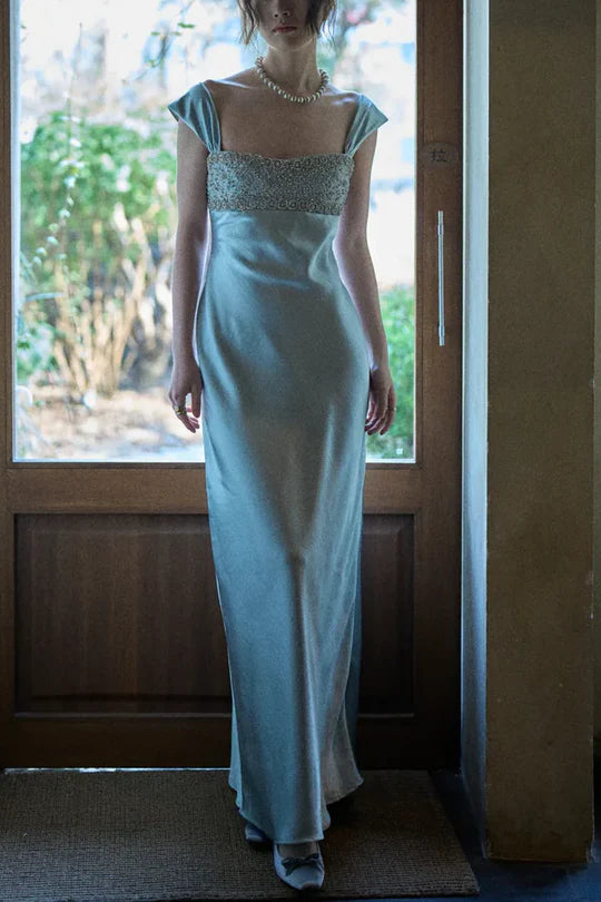 Fitted Square Straps Beaded Top Satin Floor-Length Party Prom Dress
