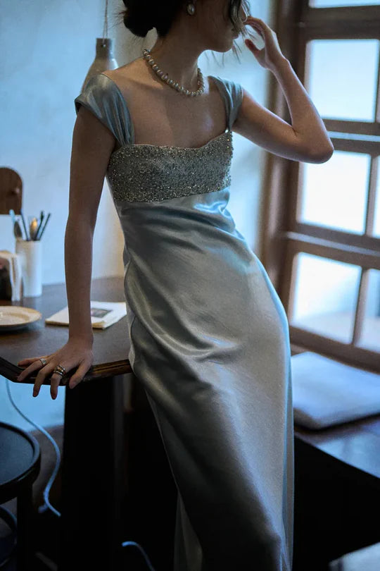 Fitted Square Straps Beaded Top Satin Floor-Length Party Prom Dress