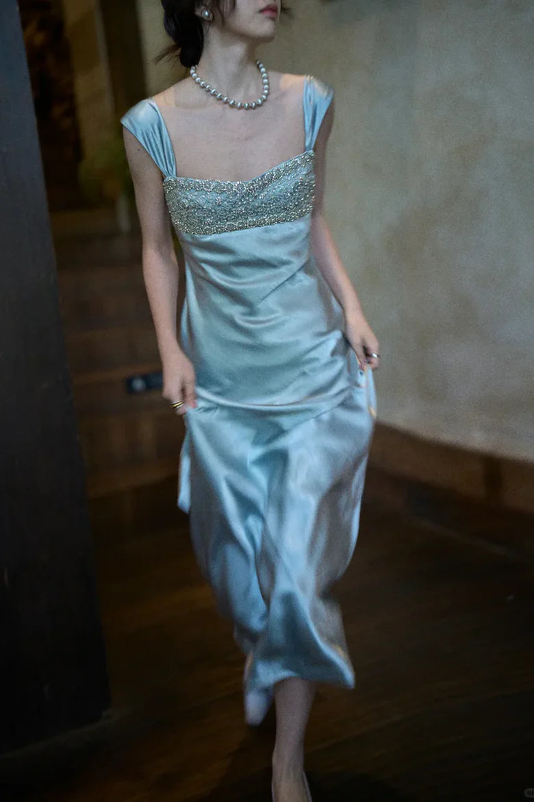 Fitted Square Straps Beaded Top Satin Floor-Length Party Prom Dress