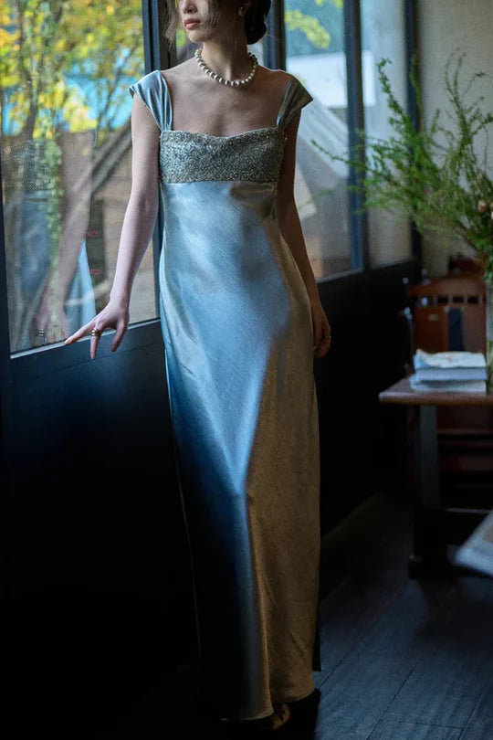 Fitted Square Straps Beaded Top Satin Floor-Length Party Prom Dress
