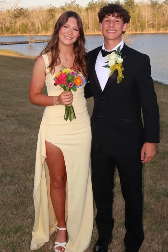 Square Straps Fitted Ruffle Split Satin Long Party Prom Dress