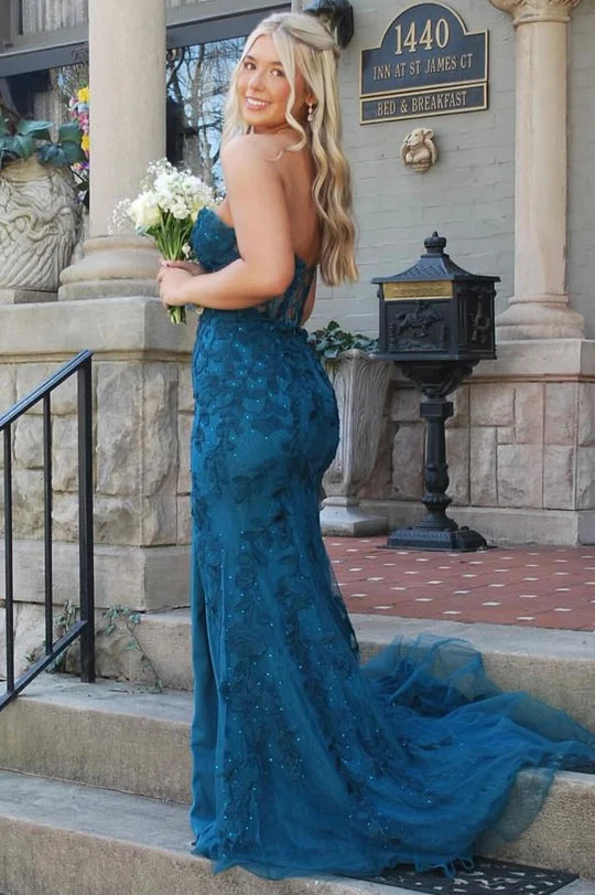 Mermaid Lace Sweetheart Strapless Party Prom Dress With Train