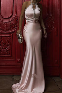 Mermaid Satin Halter Beaded Empire Party Prom Dress