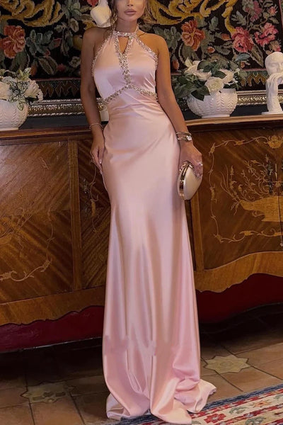 Mermaid Satin Halter Beaded Empire Party Prom Dress