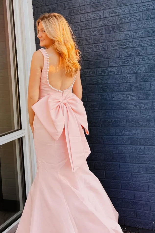 Mermaid Satin Square Backless Formal Party Prom Dress With Bow