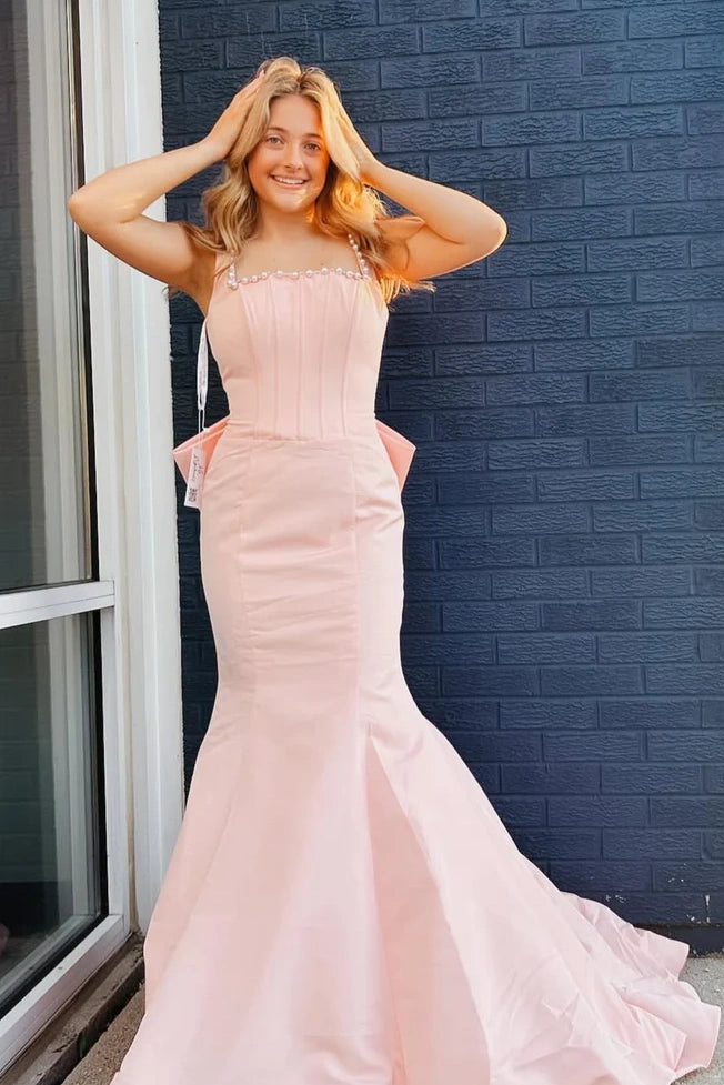 Mermaid Satin Square Backless Formal Party Prom Dress With Bow