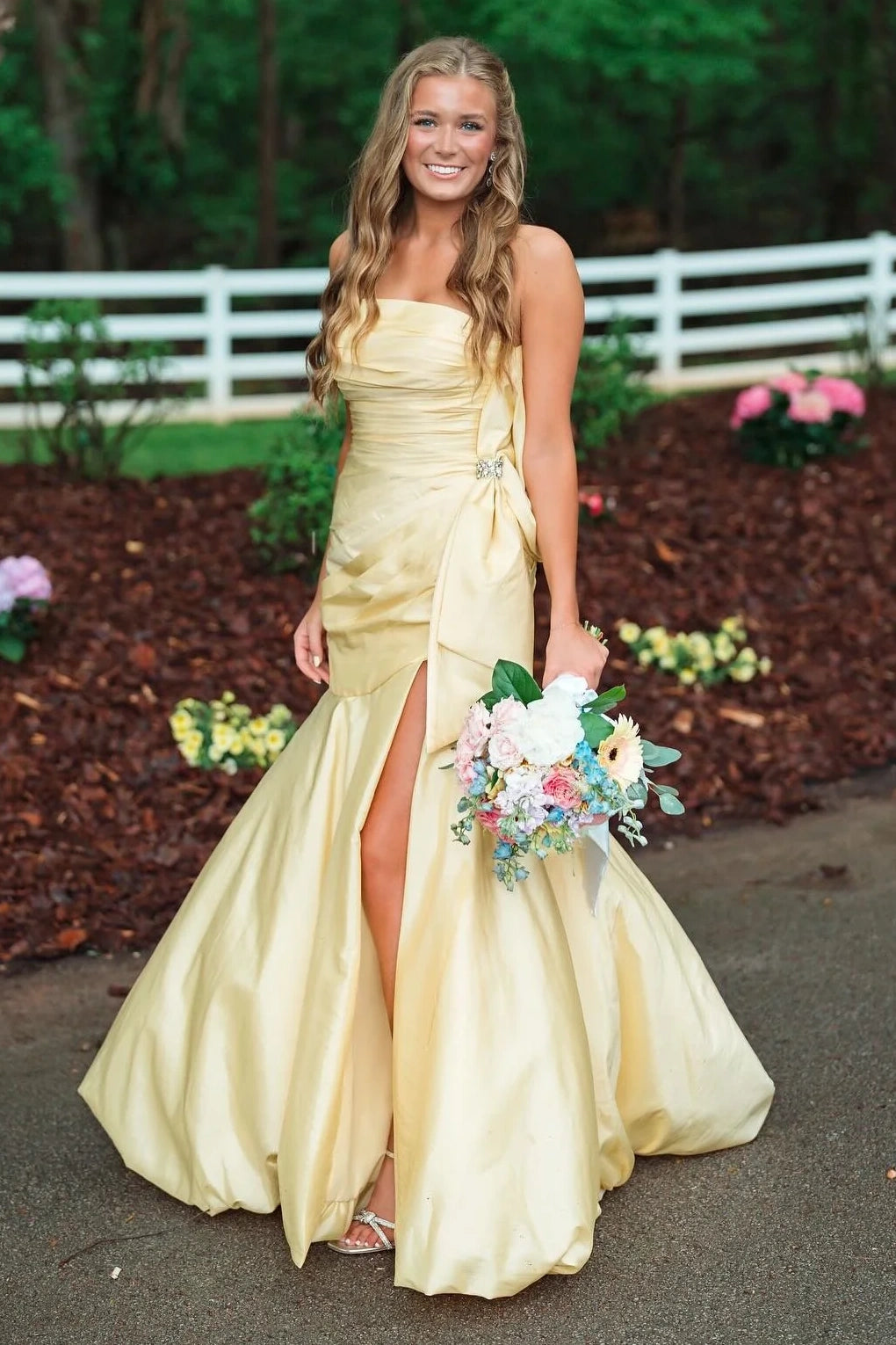 Mermaid Satin Strapless Modest Party Prom Dress With Leg Slit