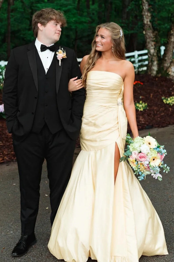 Mermaid Satin Strapless Modest Party Prom Dress With Leg Slit