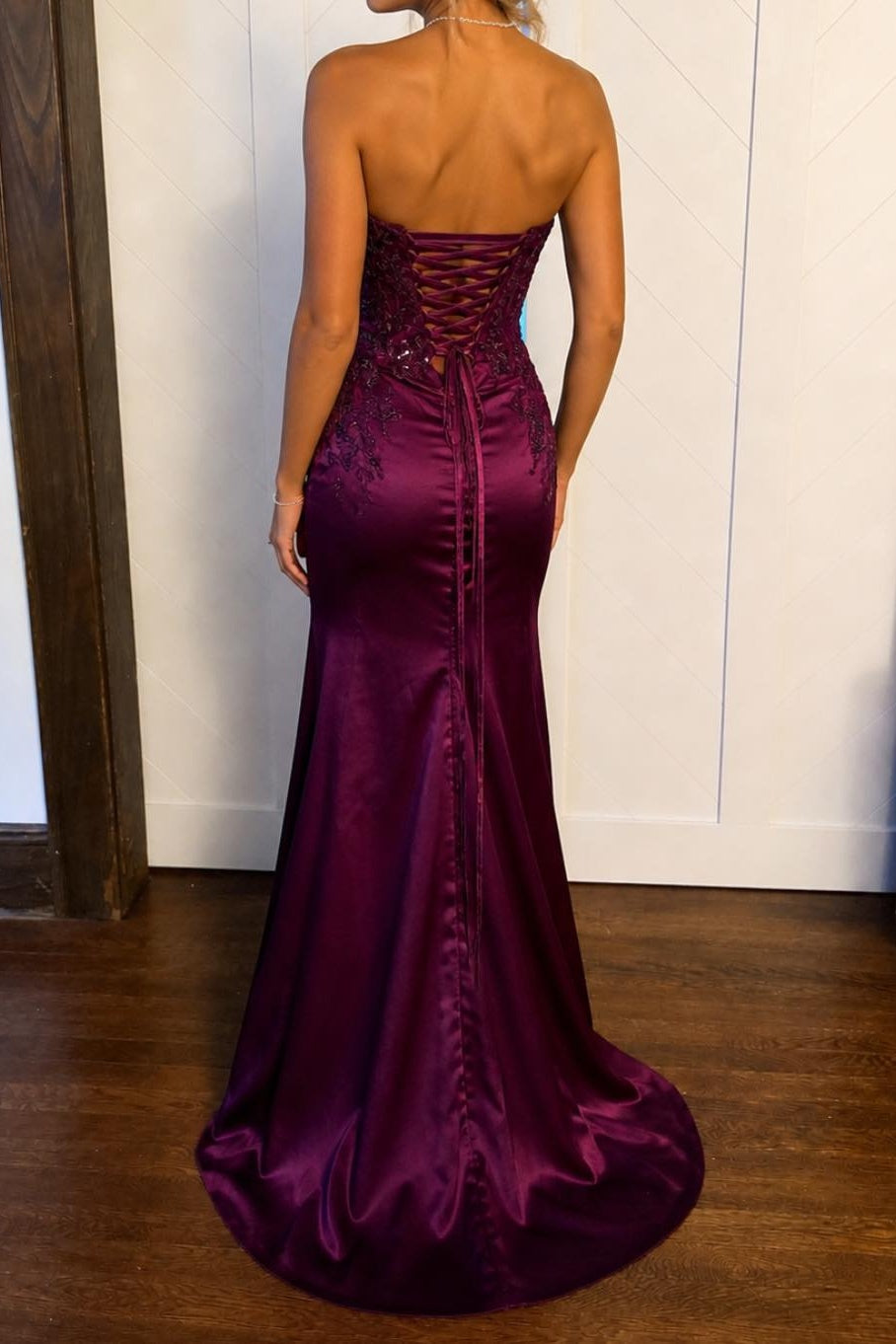 Mermaid Strapless Empire Satin Party Prom Dress With Lace Appliques