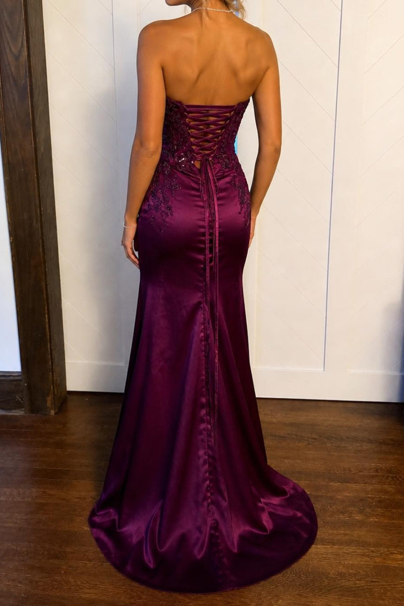 Mermaid Strapless Empire Satin Party Prom Dress With Lace Appliques