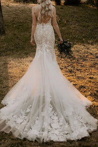 Mermaid V-Neck Spaghetti Straps Lace Appliques Wedding Dress 