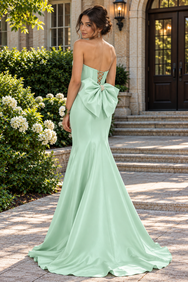 Mint Green Pearl Strapless Mermaid Satin Leg Slit Party Prom Dress