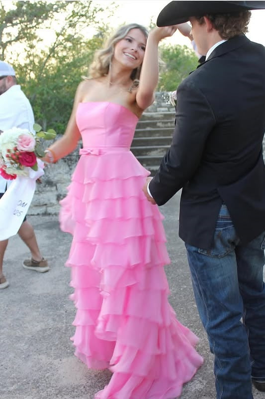 Modest A-Line High Waist Strapless Tiered Split Party Prom Dress