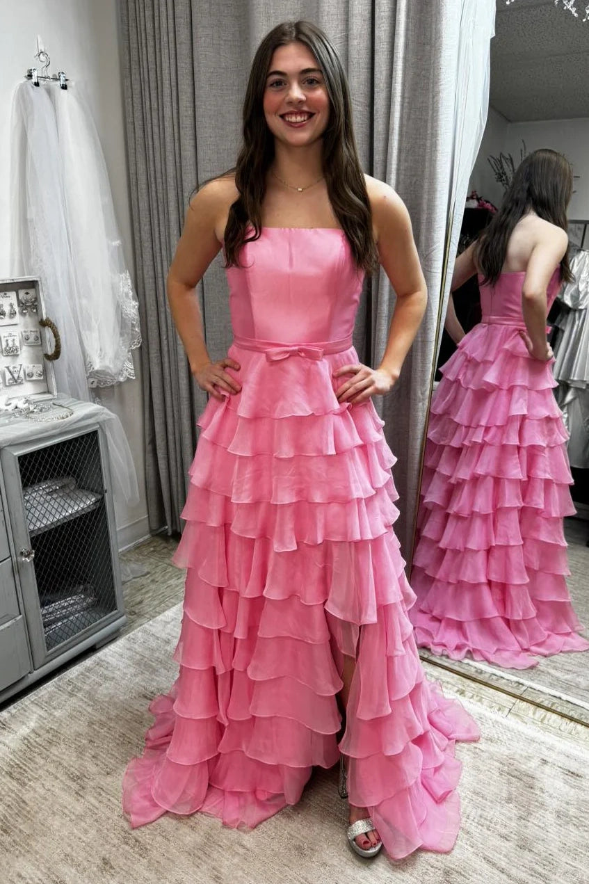 Modest A-Line High Waist Strapless Tiered Split Party Prom Dress
