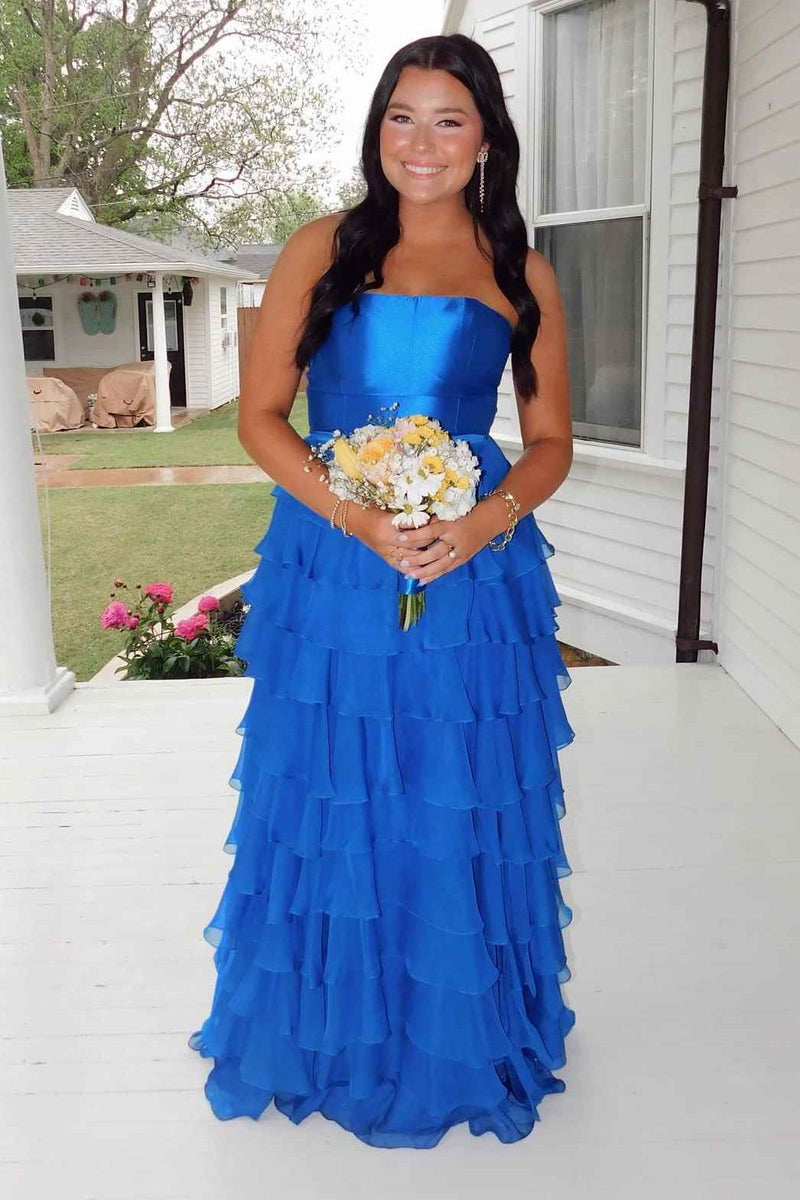 Modest A-Line High Waist Strapless Tiered Split Party Prom Dress