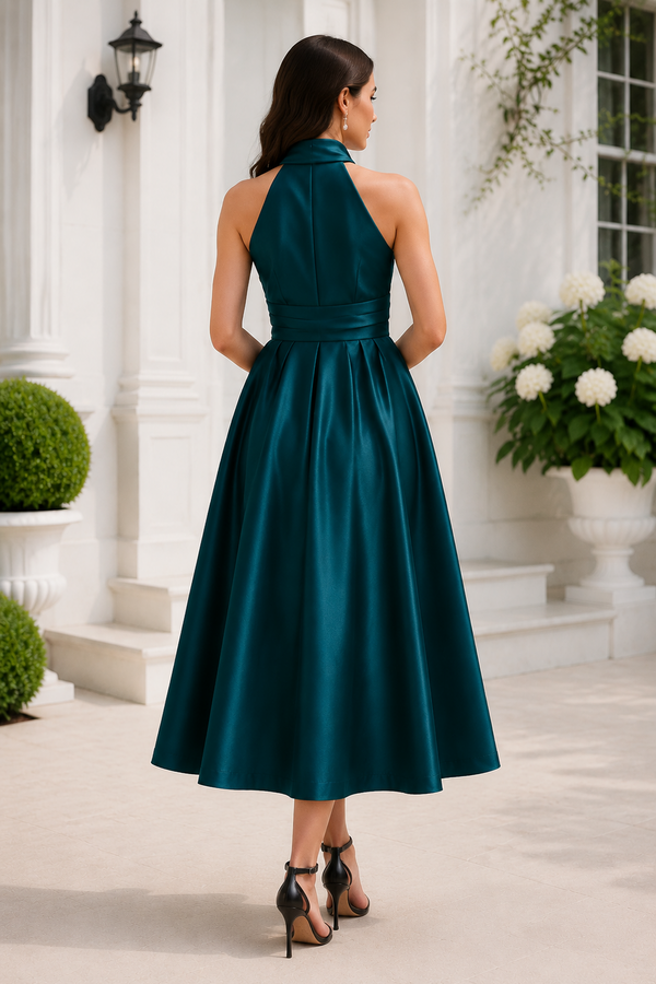Modest A-Line Satin High Neck Midi Mother Of The Bride Dress