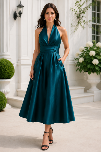 Modest A-Line Satin High Neck Midi Mother Of The Bride Dress