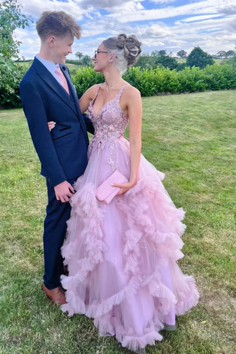 Modest A-Line Sleeveless Lace Appliques Ruffle Tulle Formal Prom Gown
