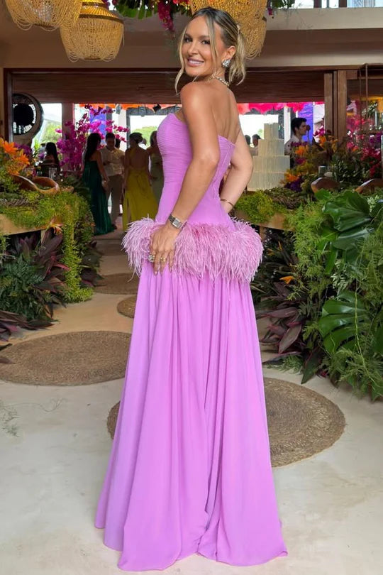 Modest A-Line Strapless Empire Chiffon And Feather Party Evening Dress