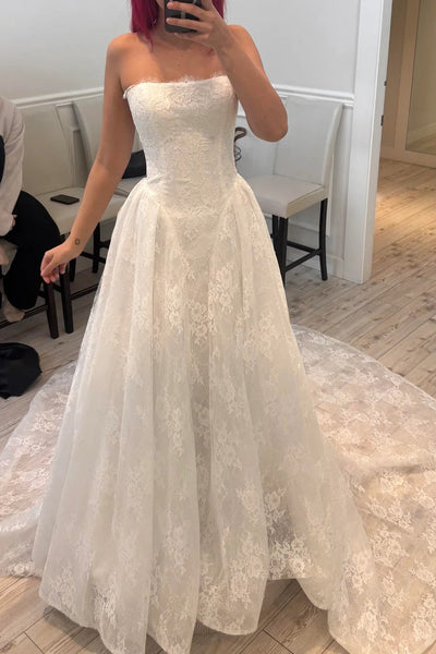 Modest A-Line Strapless Empire Lace Wedding Dress With Train