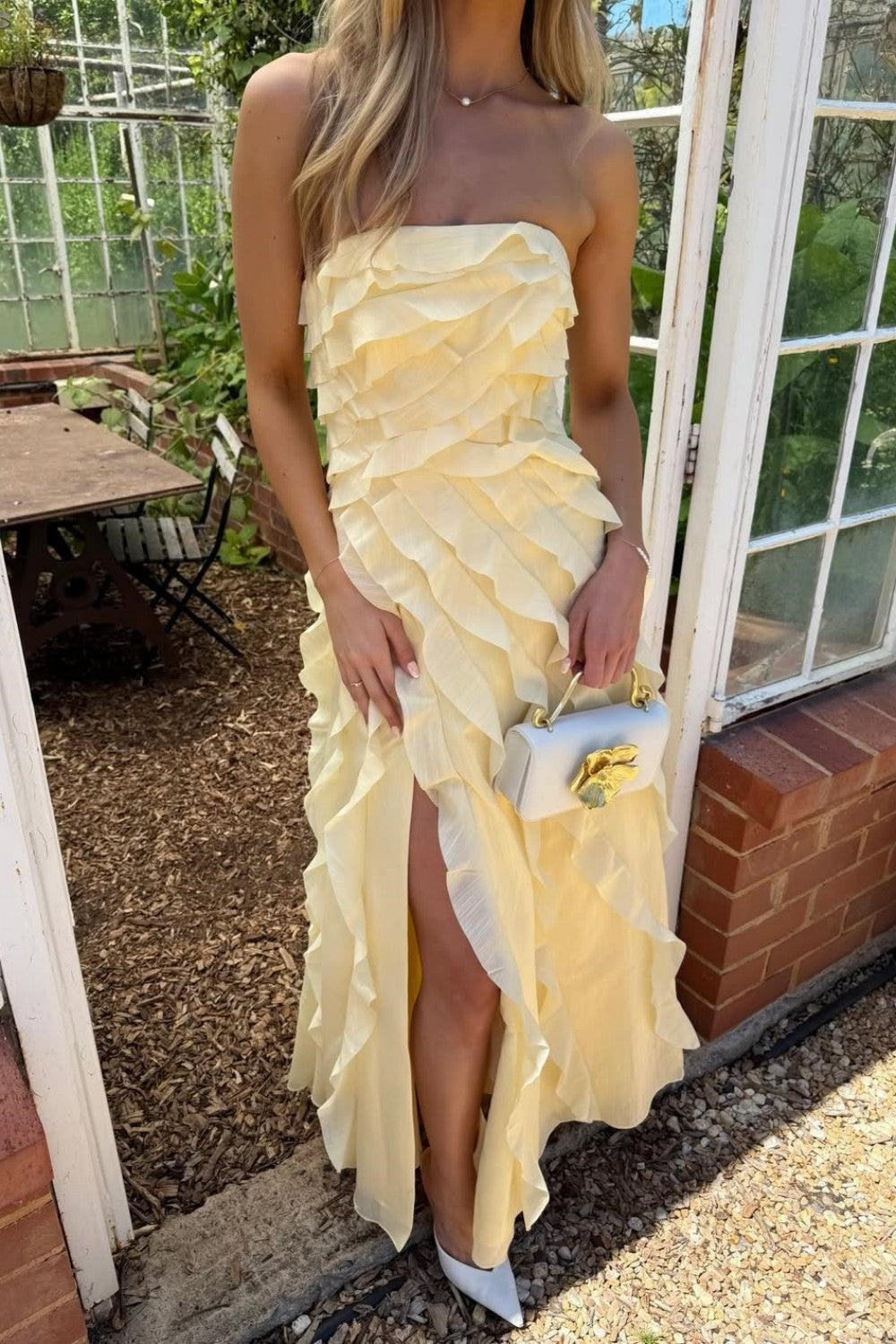 Modest A-Line Strapless Empire Tiered Ruffle Party Prom Dress
